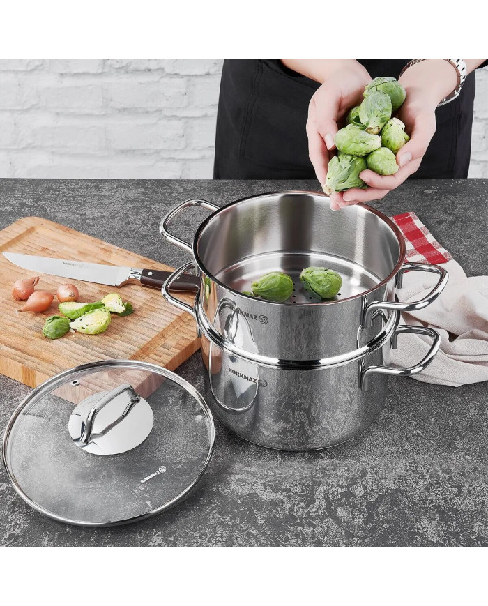 Korkmaz Perla A1521 Cuiseur vapeur en acier inoxydable avec couvercle en verre - Silver Korkmaz Perla A1521 Cuiseur vapeur en acier inoxydable avec couvercle en verre - Silver